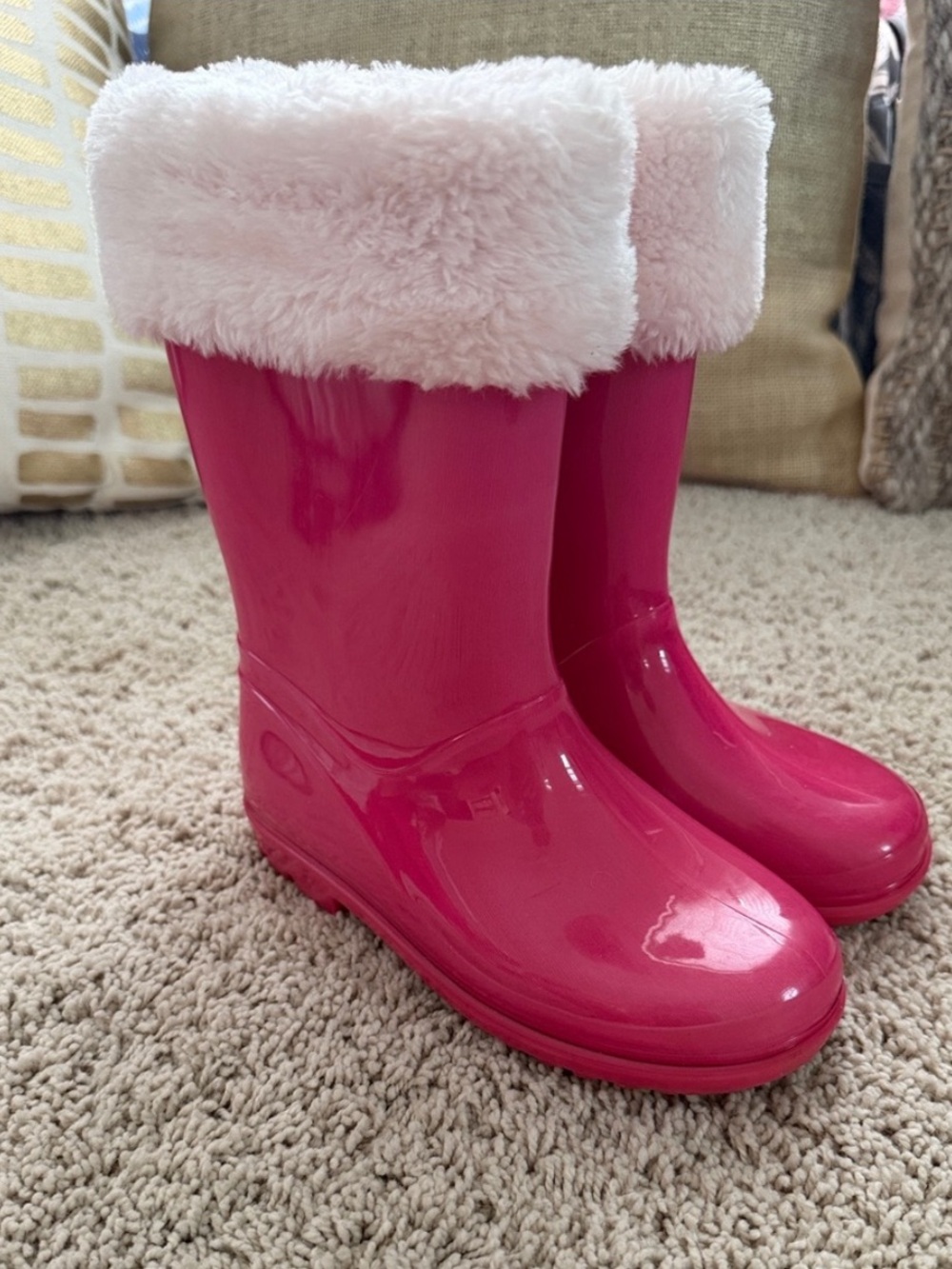 Carter's Bright Pink Glossy Rain Boots with Light Pink Faux-Fur Cuff